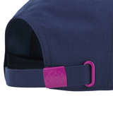 Close-up of the back of the navy Scotland 25/26 Dad Cap by Macron, showing an adjustable strap and a pink crab-design buckle.