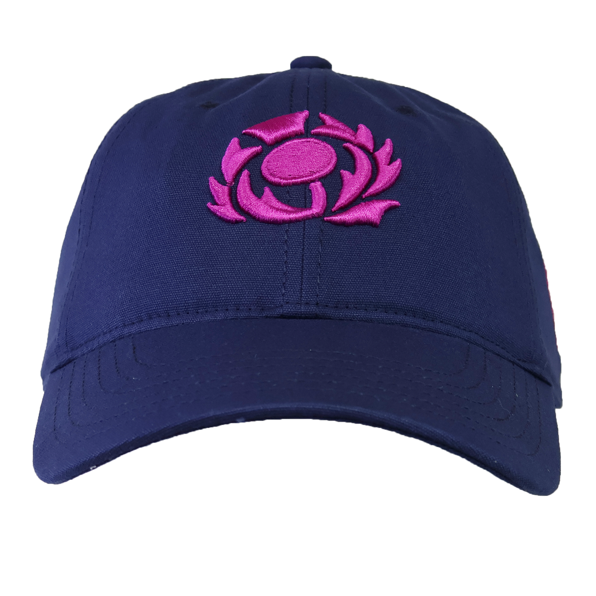 The Scotland 25/26 Dad Cap by Macron is navy blue and features a bright pink embroidered circular thistle floral logo on the front.