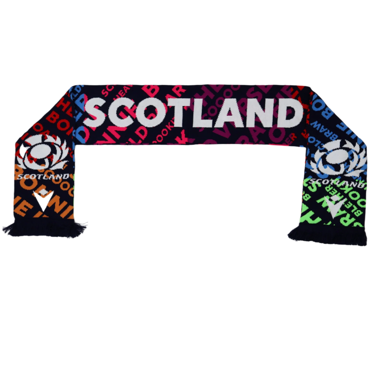 Show your support in the 25/26 season with the Scotland 25/26 Scarf by Macron, featuring bold "Scotland" lettering and the Scottish Rugby thistle logo at both ends—a perfect accessory for any fan.