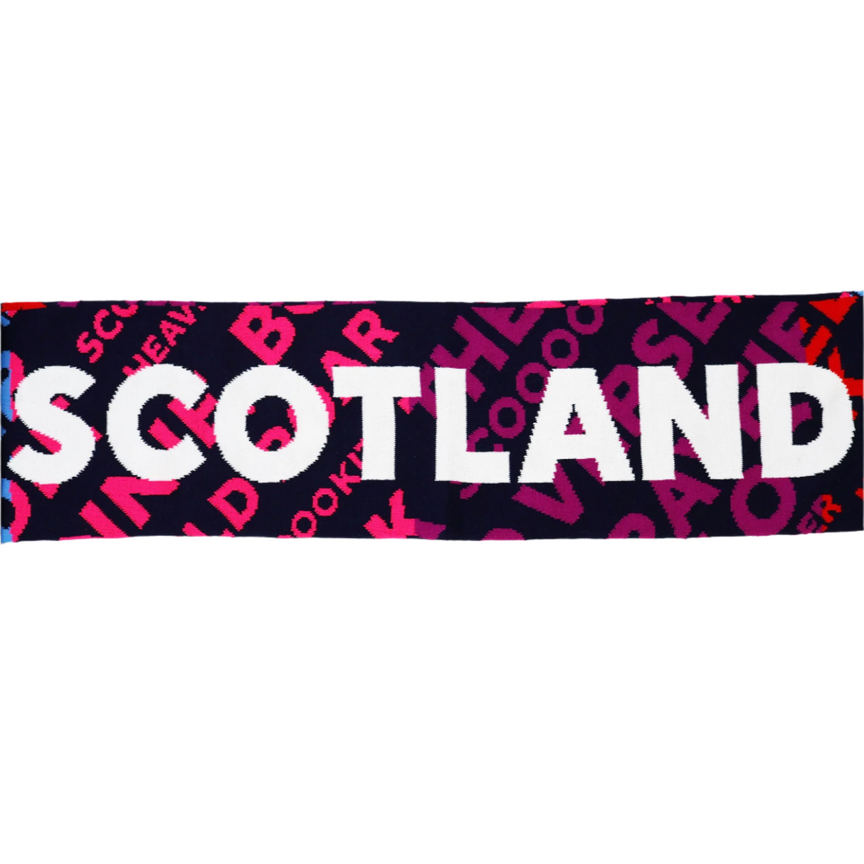 The Scotland 25/26 Scarf by Macron features "SCOTLAND" in bold white letters on a dark background, with pink and red accents and season details.