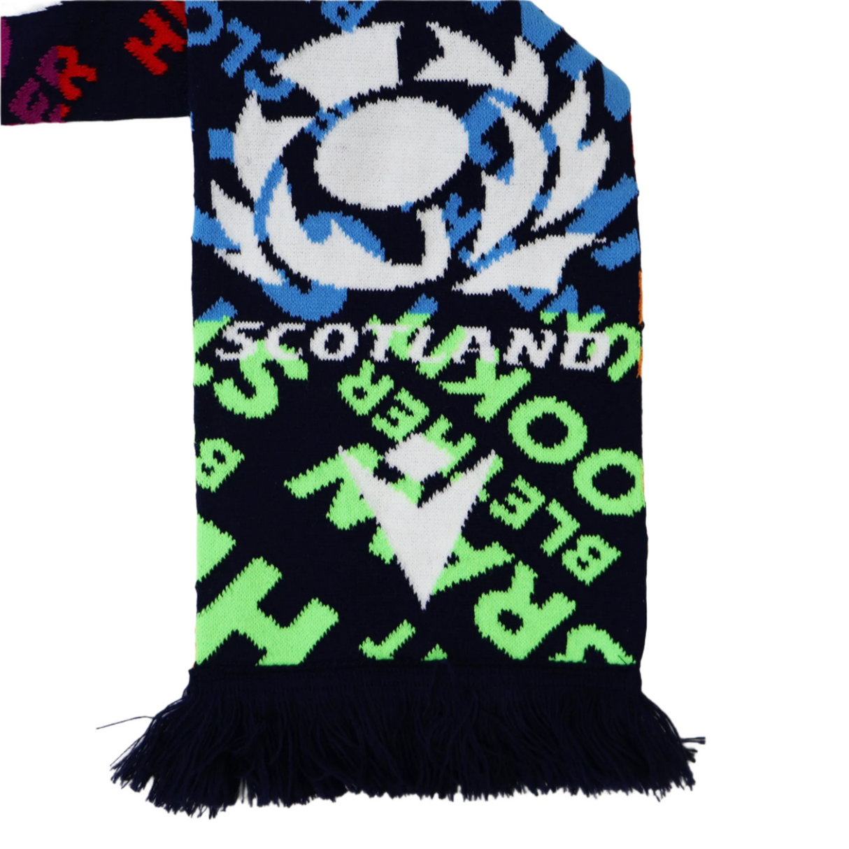 The Scotland 25/26 Scarf by Macron features the rugby logo, bold multicolored "Scotland" lettering for the 25/26 season, and is finished with dark blue fringes.