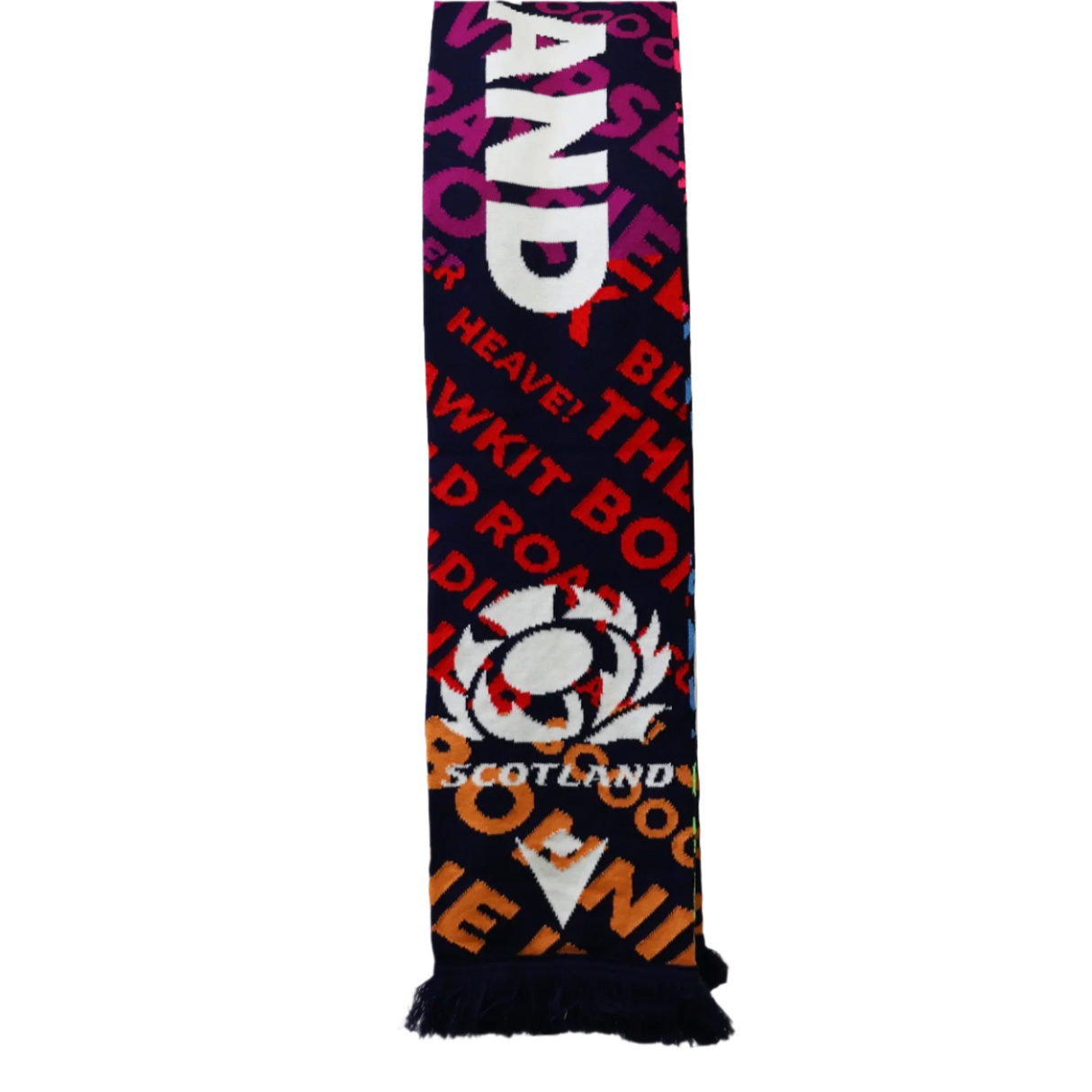 Show your support with the vibrant Scotland 25/26 Scarf by Macron, featuring bold text patterns and "Scotland" above a white thistle logo in red, orange, purple, and white. Perfect for cheering on your team this season!.
