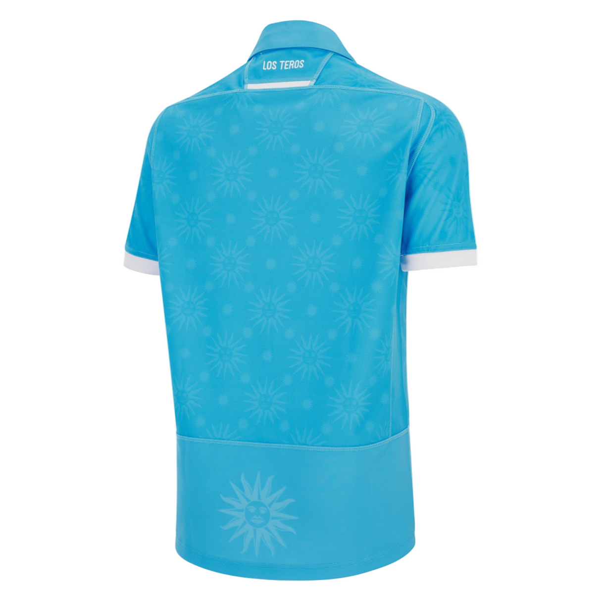 Show your pride with the Uruguay URU 25/26 Replica Home Jersey by Macron. This light blue, short-sleeved jersey features white trim, a sun pattern, and "LOS TEROS" on the collar. Official Macron merchandise for Uruguay fans.