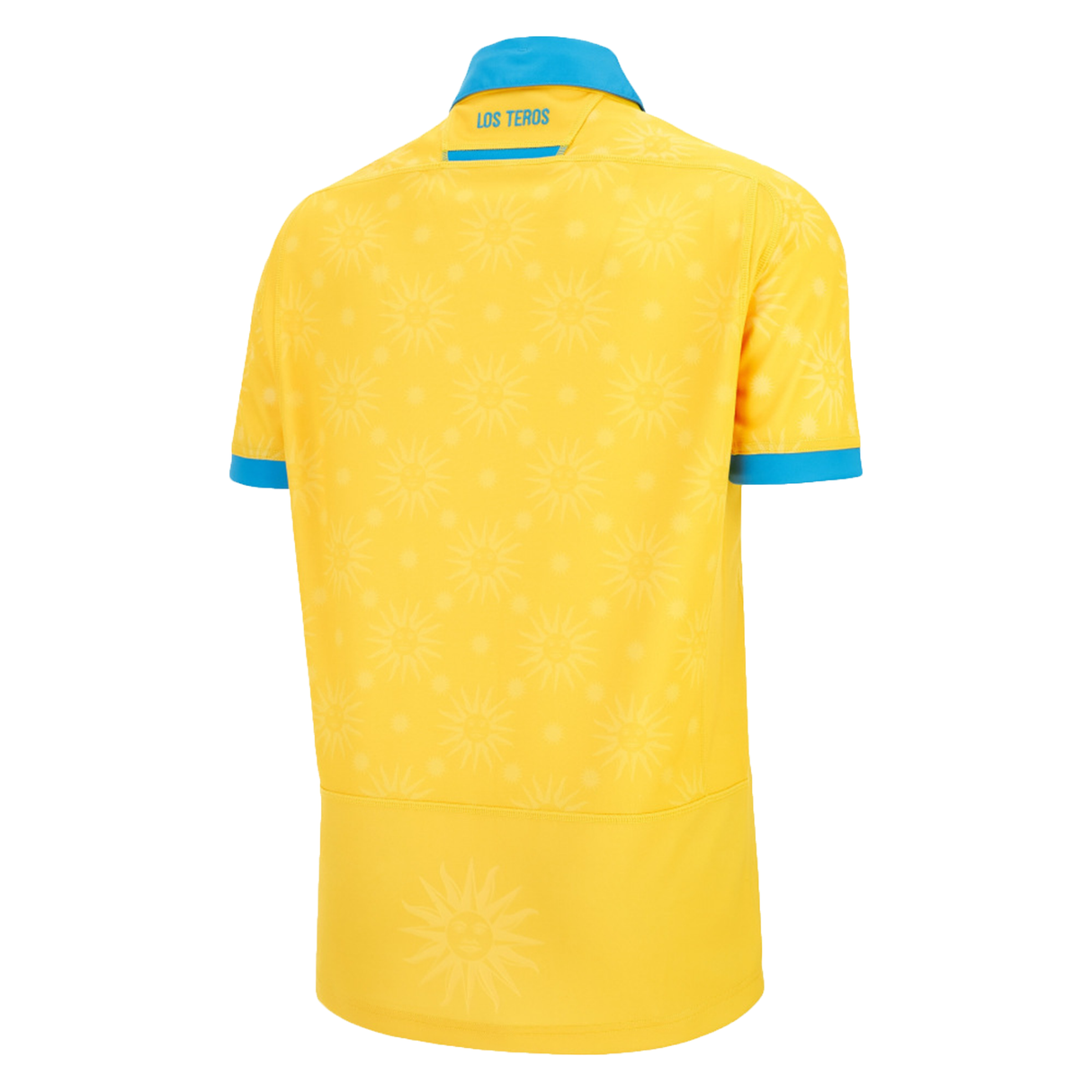 The Uruguay URU 25/26 Replica Away Jersey by Macron features yellow short sleeves, blue collar and cuffs, sunburst design, and "LOS TEROS" on the back—combining eco-friendly materials with signature style.