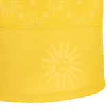 Close-up of a yellow Uruguay URU 25/26 Replica Away Jersey by Macron, showing EcoFightex fabric with repeating sun face pattern and a horizontal seam across the middle.