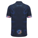 Back view of the Macron Uruguay URU 25/26 Replica Training Jersey, a short-sleeve dark blue shirt featuring a colorful sun graphic near the hem and multicolored sleeve trim.