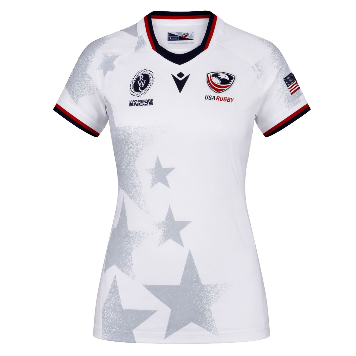Show your USA pride in the Women's USA Rugby WRWC 25 Away Bodyfit Shirt by Macron, featuring gray star patterns, black and red trim, official team and tournament logos, plus an American flag sleeve patch—perfect for Rugby World Cup 2025 fans.