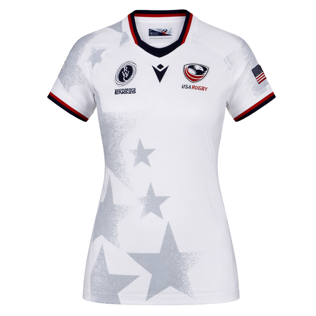 Show your USA pride in the Women's USA Rugby WRWC 25 Away Bodyfit Shirt by Macron, featuring gray star patterns, black and red trim, official team and tournament logos, plus an American flag sleeve patch—perfect for Rugby World Cup 2025 fans.