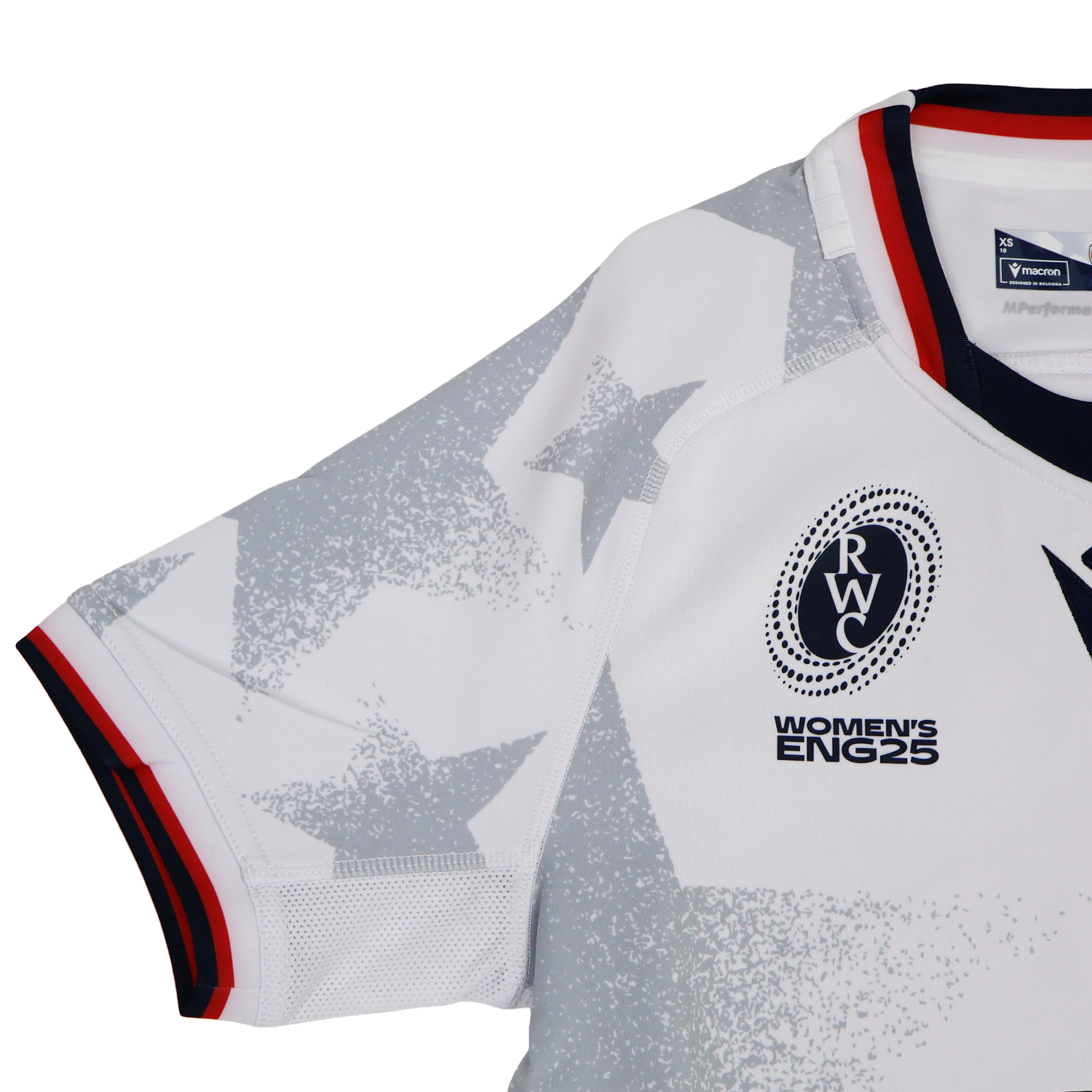 Close-up of the Women's USA Rugby WRWC 25 Away Bodyfit Shirt by Macron, a white shirt with gray star patterns and chest details, including the "WRWC 25" logo.