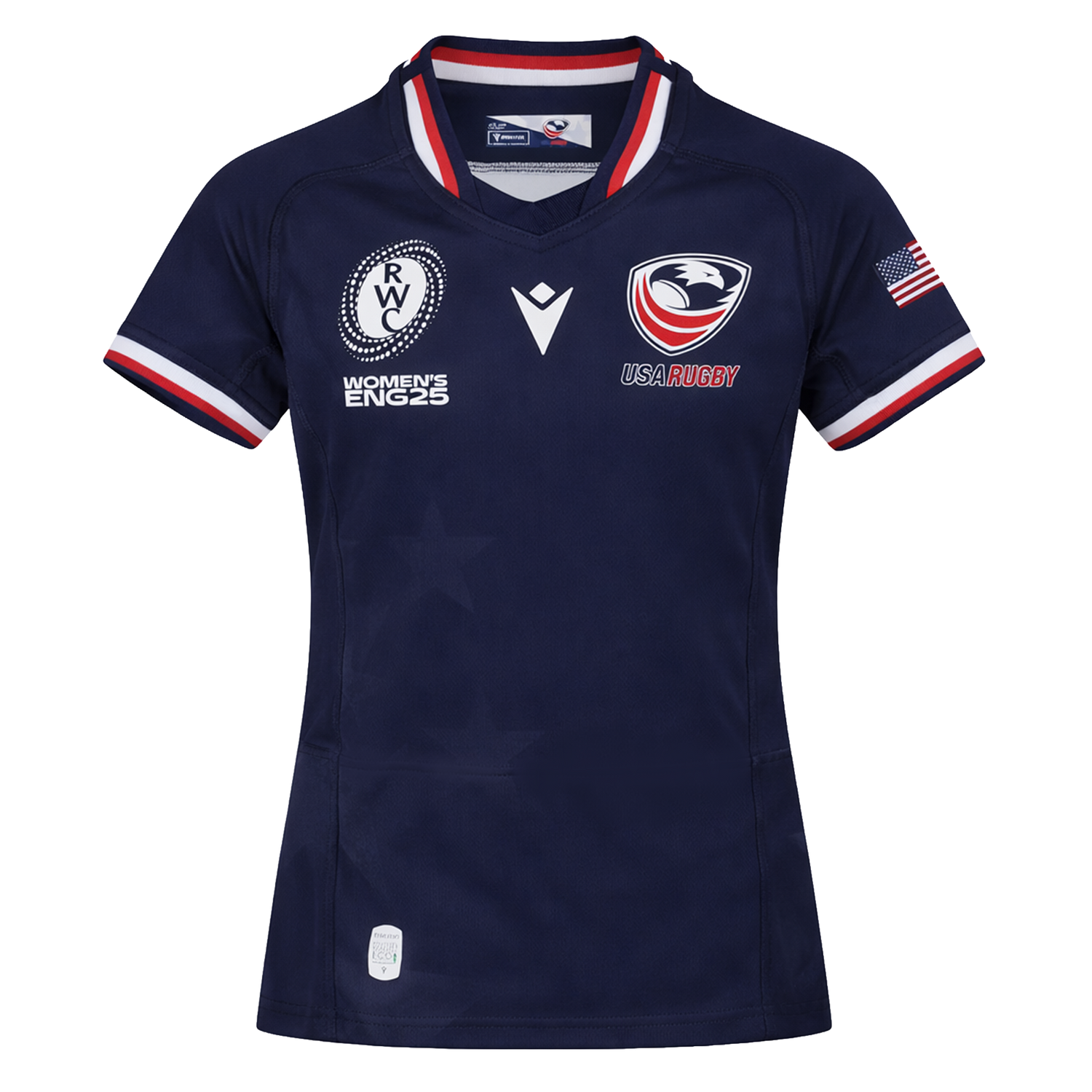 Youth USA Rugby 24/25 Home WRWC Jersey by Macron featuring team and sponsor logos, a Women's Rugby World Cup England 2025 patch, American flag on the sleeve, and classic Macron quality.