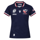 Youth USA Rugby 24/25 Home WRWC Jersey by Macron featuring team and sponsor logos, a Women's Rugby World Cup England 2025 patch, American flag on the sleeve, and classic Macron quality.