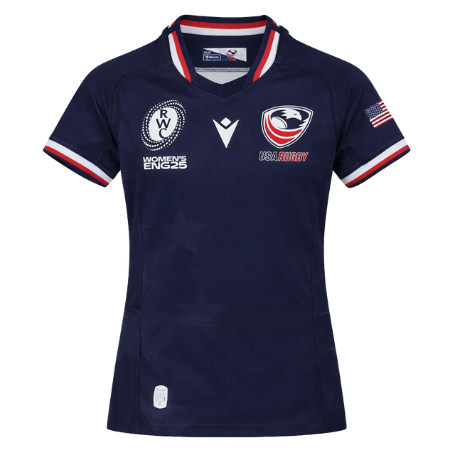 Youth USA Rugby 24/25 Home WRWC Jersey by Macron featuring team and sponsor logos, a Women's Rugby World Cup England 2025 patch, American flag on the sleeve, and classic Macron quality.