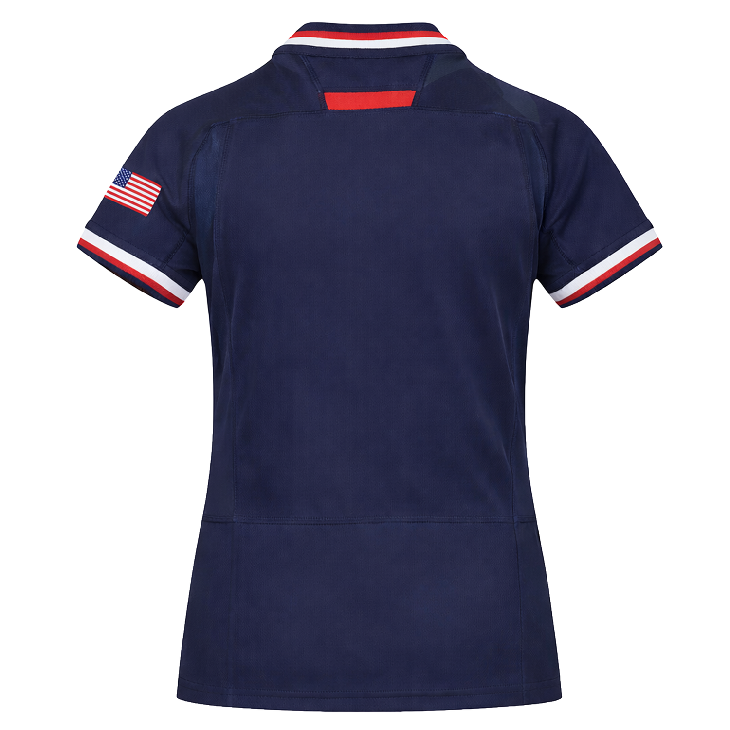 Youth USA Rugby 24/25 Home WRWC Jersey by Macron in navy blue, shown from the back, has short sleeves, a small American flag patch on the right sleeve, and red, white, and blue trim on sleeves and collar.