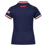 Youth USA Rugby 24/25 Home WRWC Jersey by Macron in navy blue, shown from the back, has short sleeves, a small American flag patch on the right sleeve, and red, white, and blue trim on sleeves and collar.