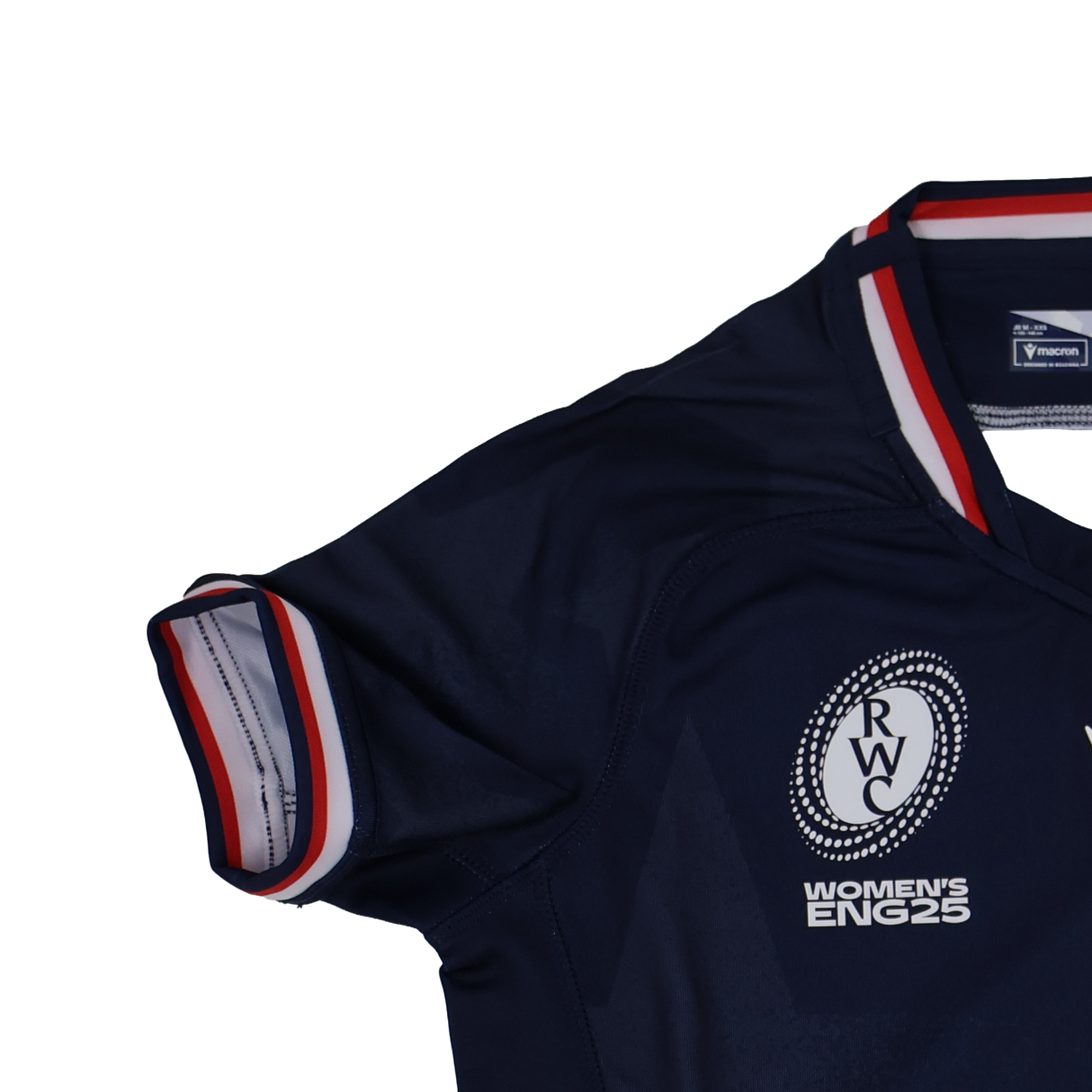 The Youth USA Rugby 24/25 Home WRWC Jersey by Macron is a navy blue youth rugby top with red, white, and blue trim on the sleeve and collar, featuring the Rugby World Cup logo and "Women's ENG25" text.
