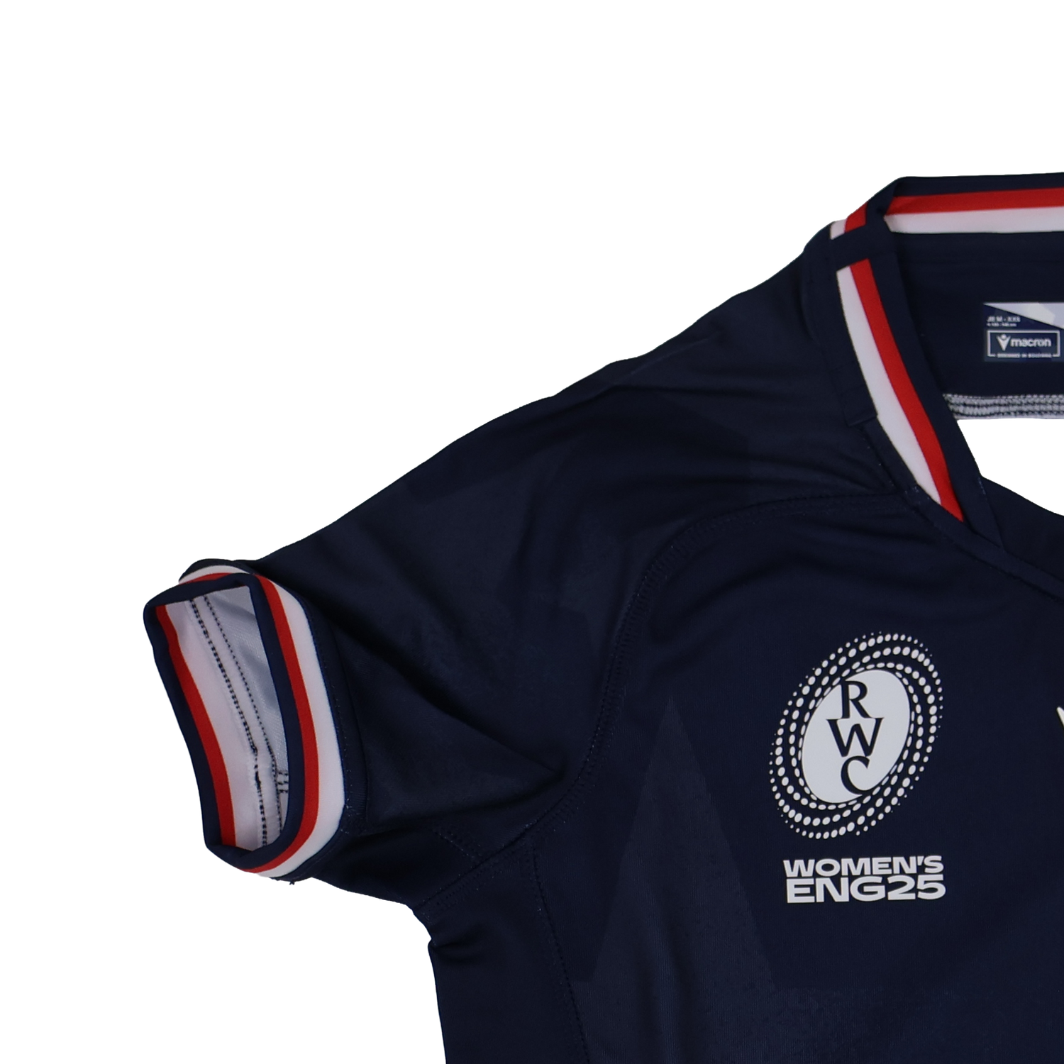 The Youth USA Rugby 24/25 Home WRWC Jersey by Macron is a navy blue youth rugby top with red, white, and blue trim on the sleeve and collar, featuring the Rugby World Cup logo and "Women's ENG25" text.