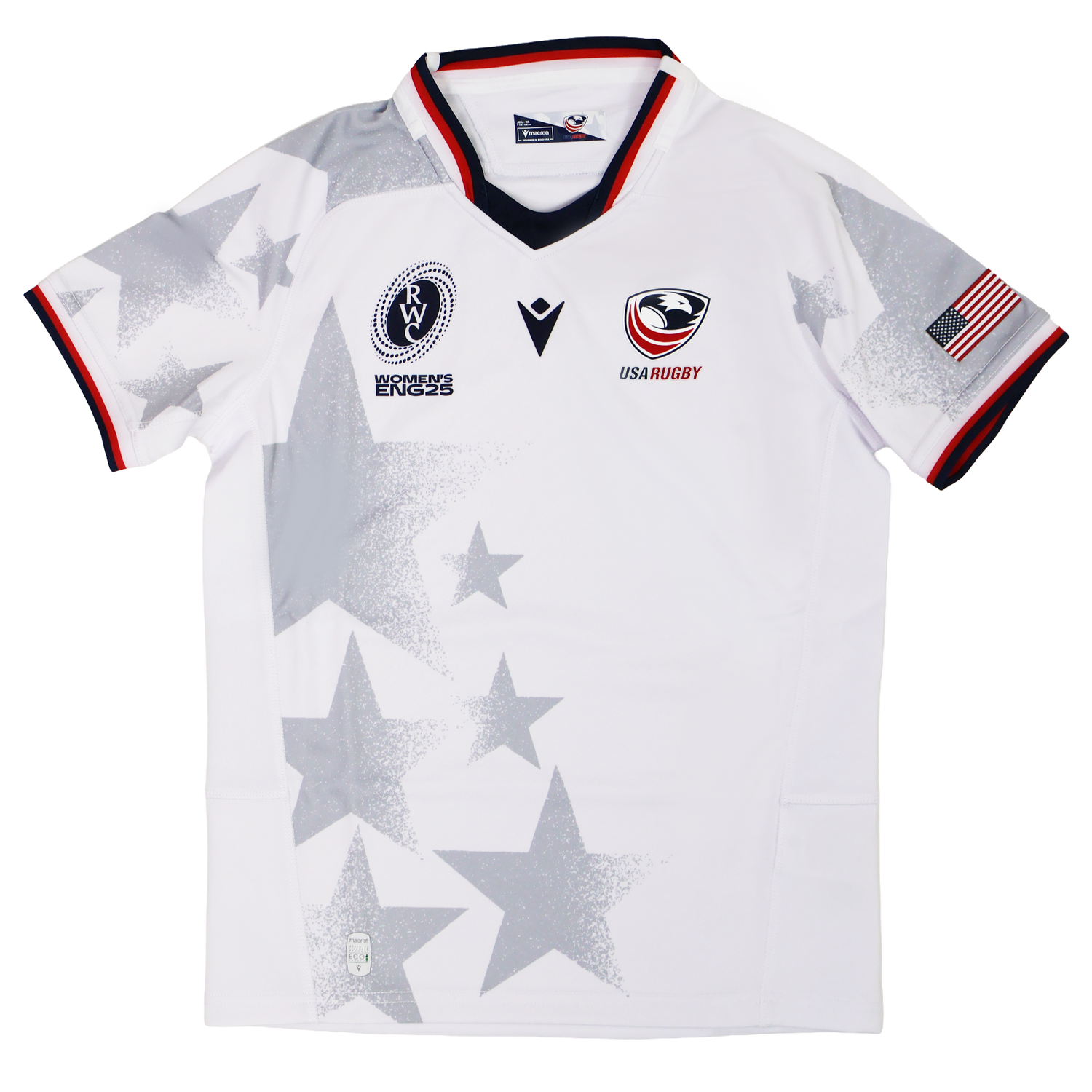 The Youth USA Rugby WRWC 25 Home Jersey by Macron features gray star patterns, the "USA Rugby" logo, WRWC 25 emblem, American flag patch, plus red, white, and blue trim on the sleeves and collar.