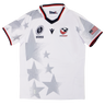 The Youth USA Rugby WRWC 25 Home Jersey by Macron features gray star patterns, the "USA Rugby" logo, WRWC 25 emblem, American flag patch, plus red, white, and blue trim on the sleeves and collar.