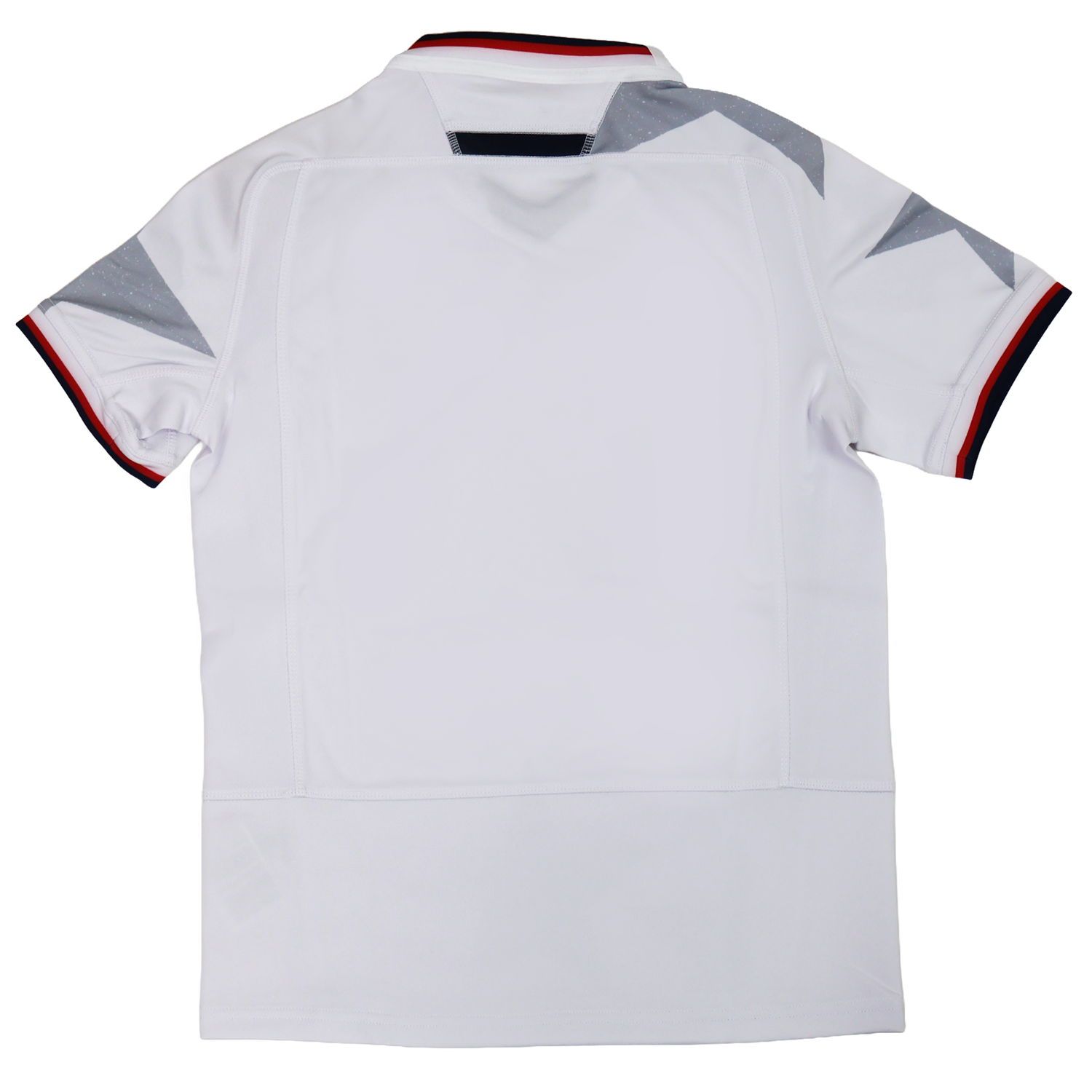 Youth USA Rugby WRWC 25 Home Jersey by Macron, white with gray geometric shoulder accents and red, black, and white trim on collar and cuffs—ideal for WRWC 25 fans. Seen from the back.