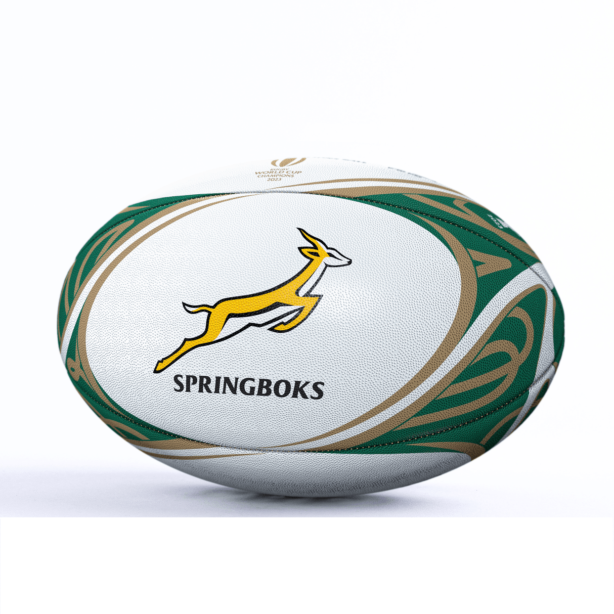 A Springboks Rugby World Cup 2023 Champions Ball by Gilbert with the Springboks Rugby World Cup 2023 logo and colors on a white background.