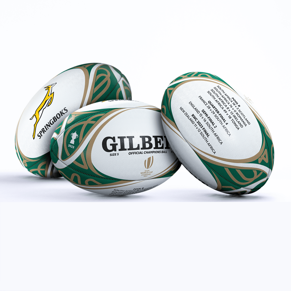 A trio of official Gilbert Springboks Rugby World Cup 2023 Champions Balls, perfect as memorabilia.