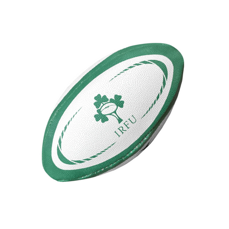 A green and white rugby ball, showing the IRFU logo and a shamrock at an angle, looks like the Ireland Mini Replica Ball by Gilbert.