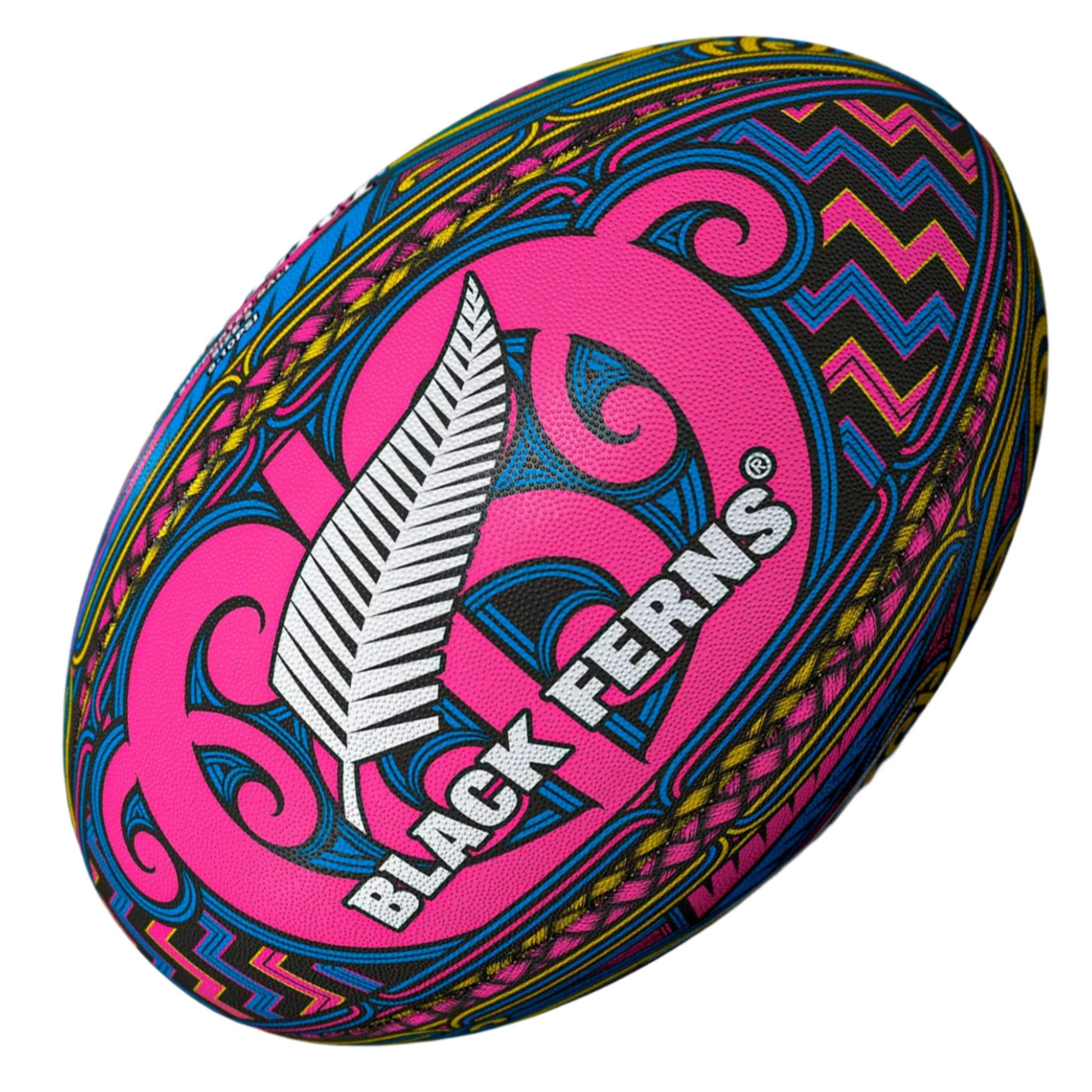 The Gilbert Maori Black Ferns Supporters Ball features a vibrant Māori-inspired design with a silver fern and “Black Ferns” text on a pink background.