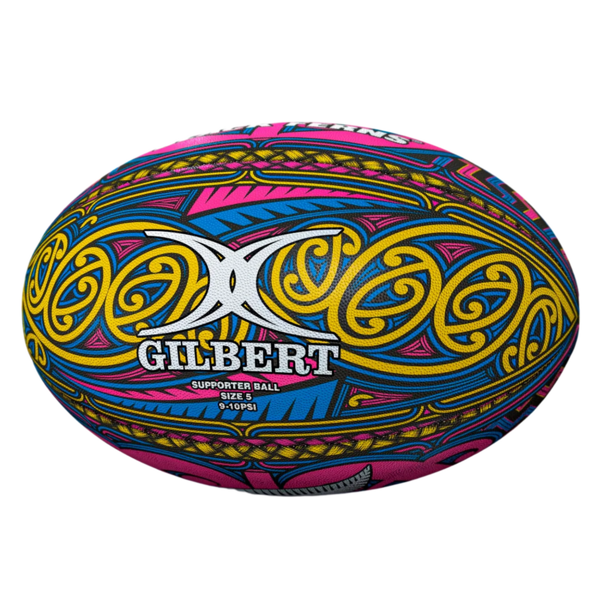 The Maori Black Ferns Supporters Ball by Gilbert is a size 5 rugby ball with a vibrant Māori-inspired design in yellow, blue, and pink patterns.