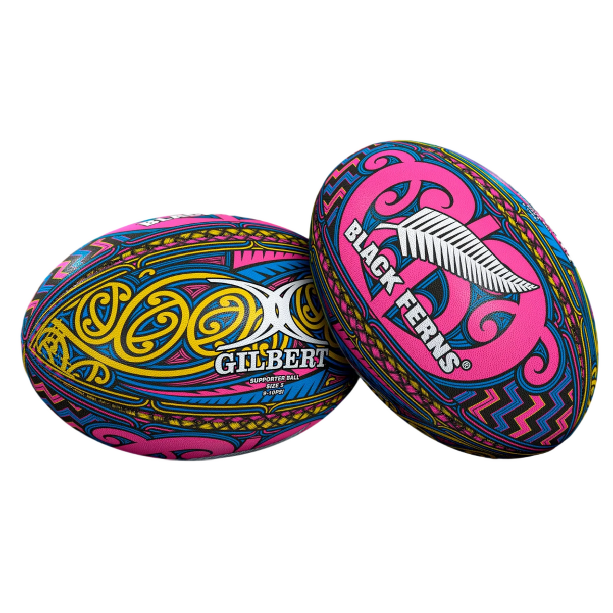 The Maori Black Ferns Supporters Ball by Gilbert features vibrant patterns, the "GILBERT" logo, and a Māori-inspired "BLACK FERNS" design with a white fern leaf—perfect for fans.