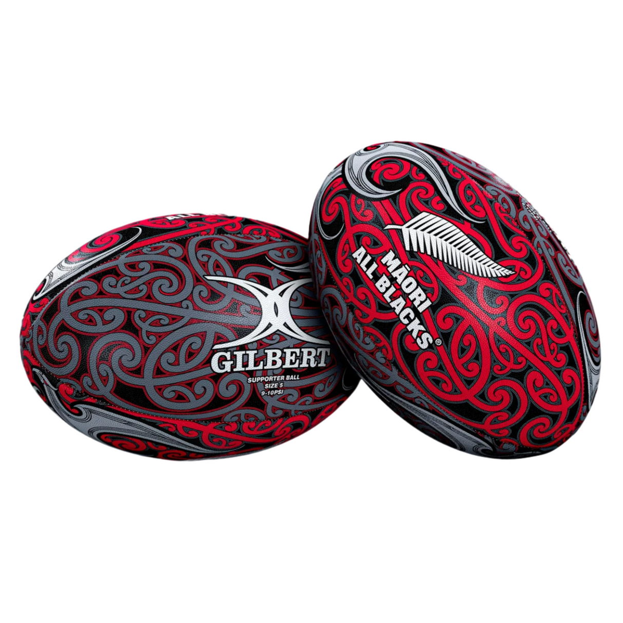 Ideal for rugby fans, the Maori All Blacks Supporters Ball by Gilbert features bold red, black, and gray Maori designs—one with the Gilbert logo, the other with "AIG Maori All Blacks" and a silver fern.