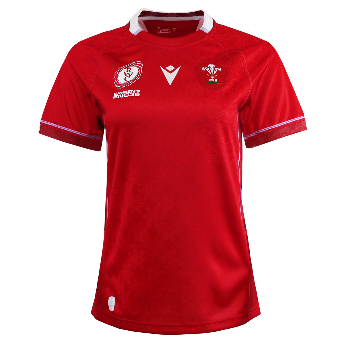 Show your support with the Women's Wales WRWC25 Replica Home Jersey by Macron—a red short-sleeve jersey with white trim, featuring the Wales Rugby logo, sponsor logos, and a subtle pattern. Perfect for any women's rugby fan.