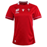 Show your support with the Women's Wales WRWC25 Replica Home Jersey by Macron—a red short-sleeve jersey with white trim, featuring the Wales Rugby logo, sponsor logos, and a subtle pattern. Perfect for any women's rugby fan.