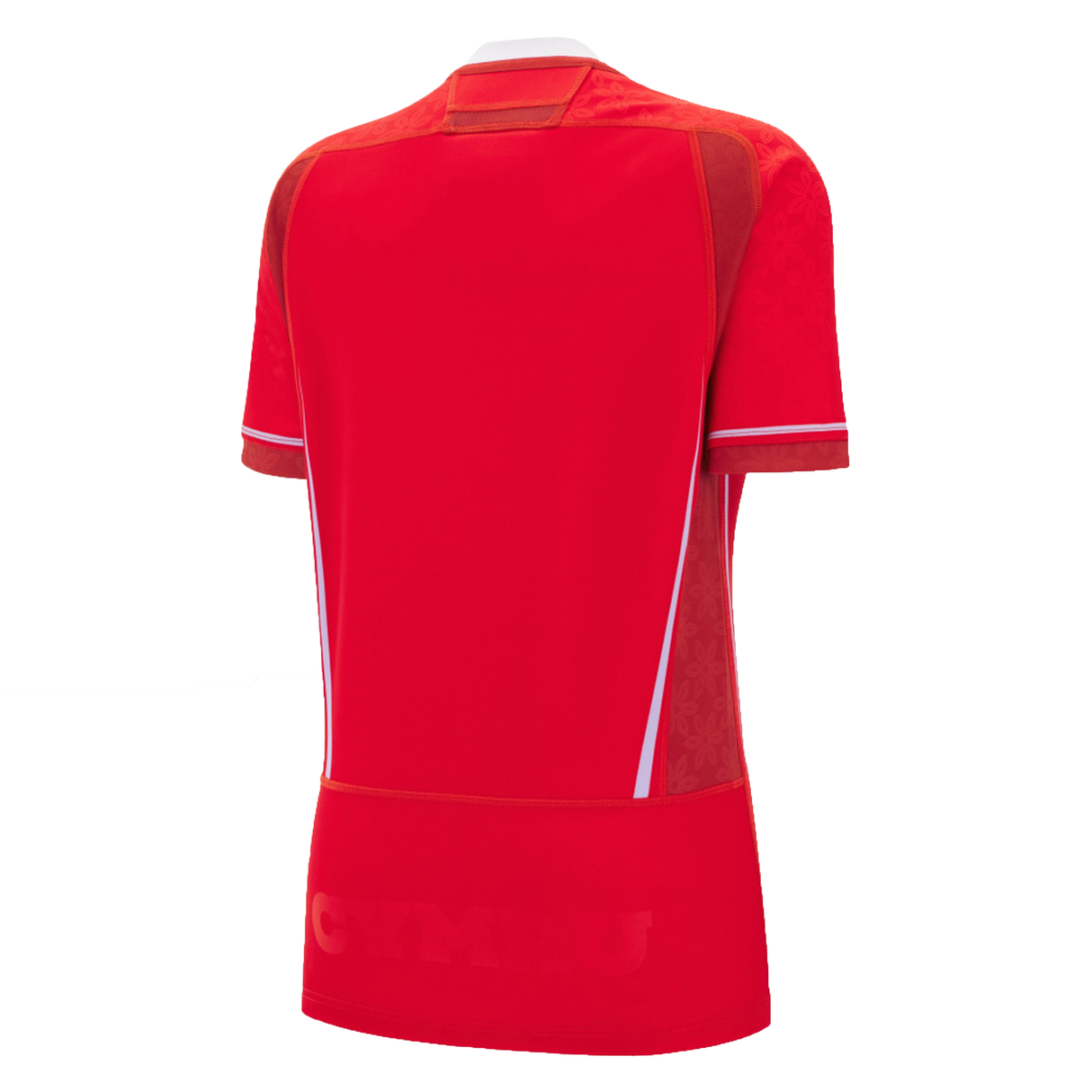 Back view of the Women's Wales WRWC25 Replica Home Jersey by Macron, a red women's rugby jersey with white accents and subtle pattern details.