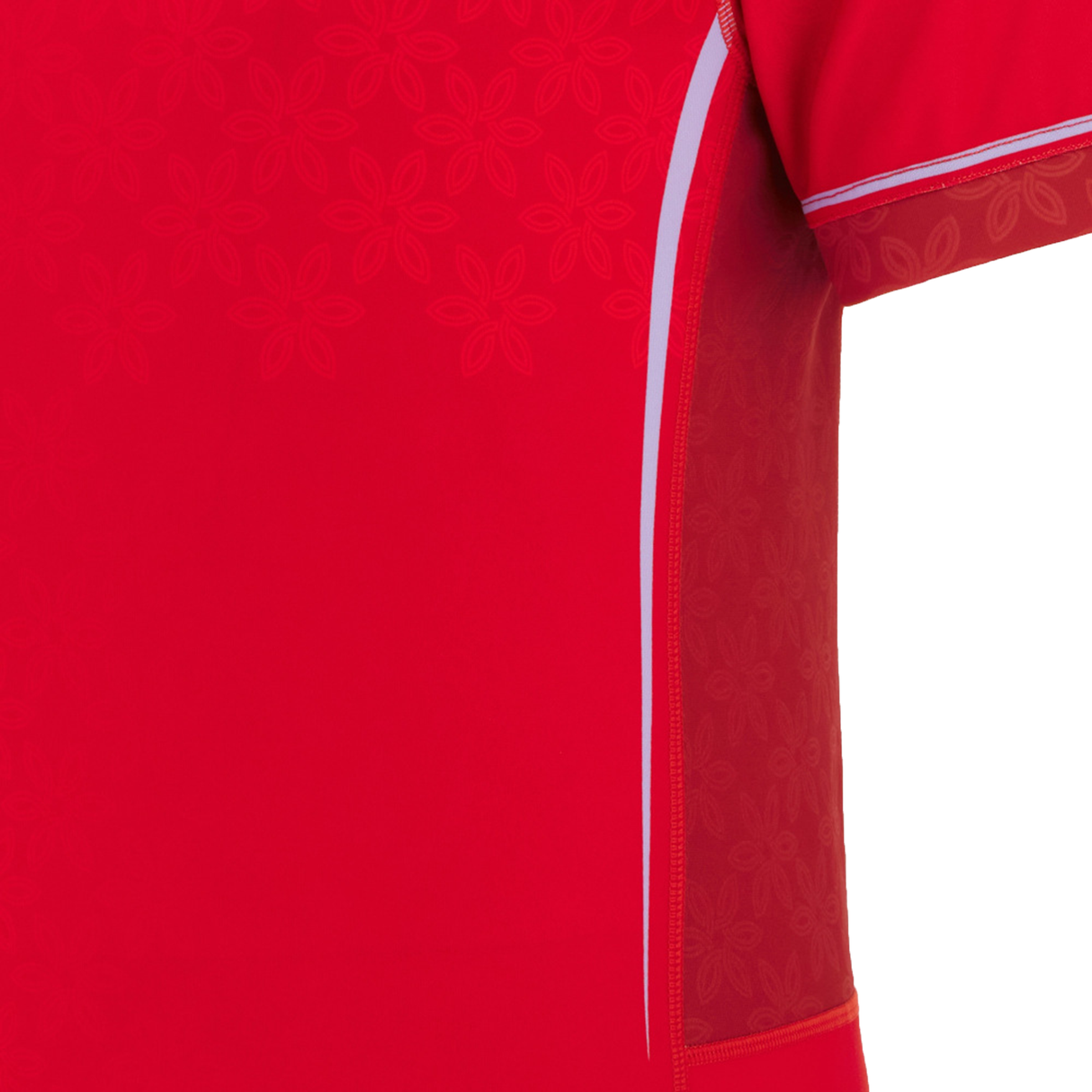 Close-up of the Women's Wales WRWC25 Replica Home Jersey by Macron, featuring a red short-sleeve design with subtle floral patterns and white accent lines on the seams.