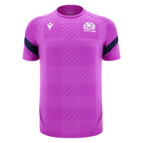 The Scotland 25/26 Player Training T-Shirt by Macron features a purple tartan design, navy sleeve stripes, moisture-wicking fabric, and the Scotland rugby logo on the left chest.