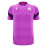 The Scotland 25/26 Player Training T-Shirt by Macron features a purple tartan design, navy sleeve stripes, moisture-wicking fabric, and the Scotland rugby logo on the left chest.