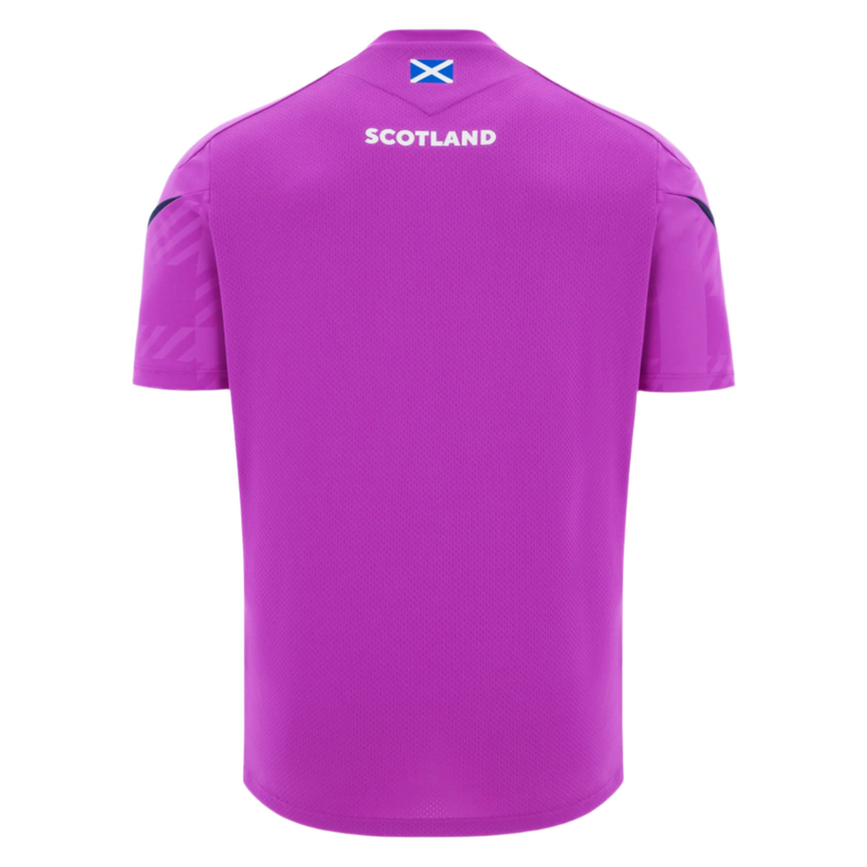 The Scotland 25/26 Player Training T-Shirt by Macron features a purple design with "SCOTLAND" and a small Scottish flag on the upper back. This moisture-wicking tee is ideal for workouts or supporting your team.
