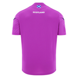 The Scotland 25/26 Player Training T-Shirt by Macron features a purple design with "SCOTLAND" and a small Scottish flag on the upper back. This moisture-wicking tee is ideal for workouts or supporting your team.