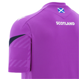 Back view of the Scotland 25/26 Player Training T-Shirt by Macron in purple, featuring "SCOTLAND" and a Scottish flag on the upper back; ideal for fans and athletes.