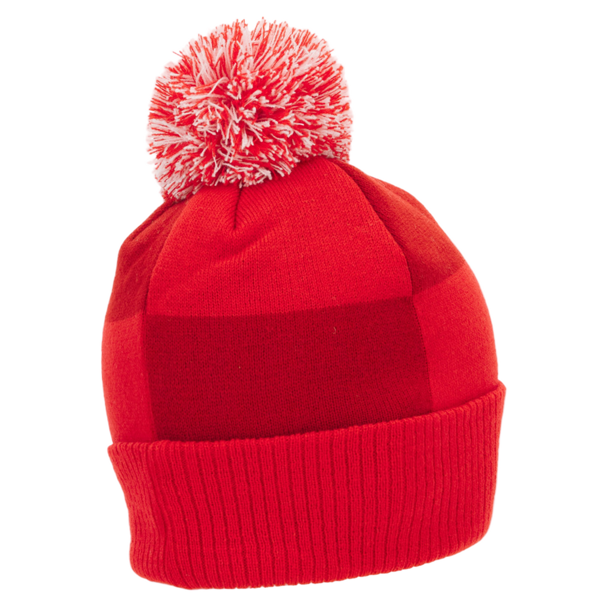 The Wales 25/26 Pom-Pom Beanie by Macron is a red knit rugby winter hat with a folded brim and red and white pom-pom, shown against a plain light background.