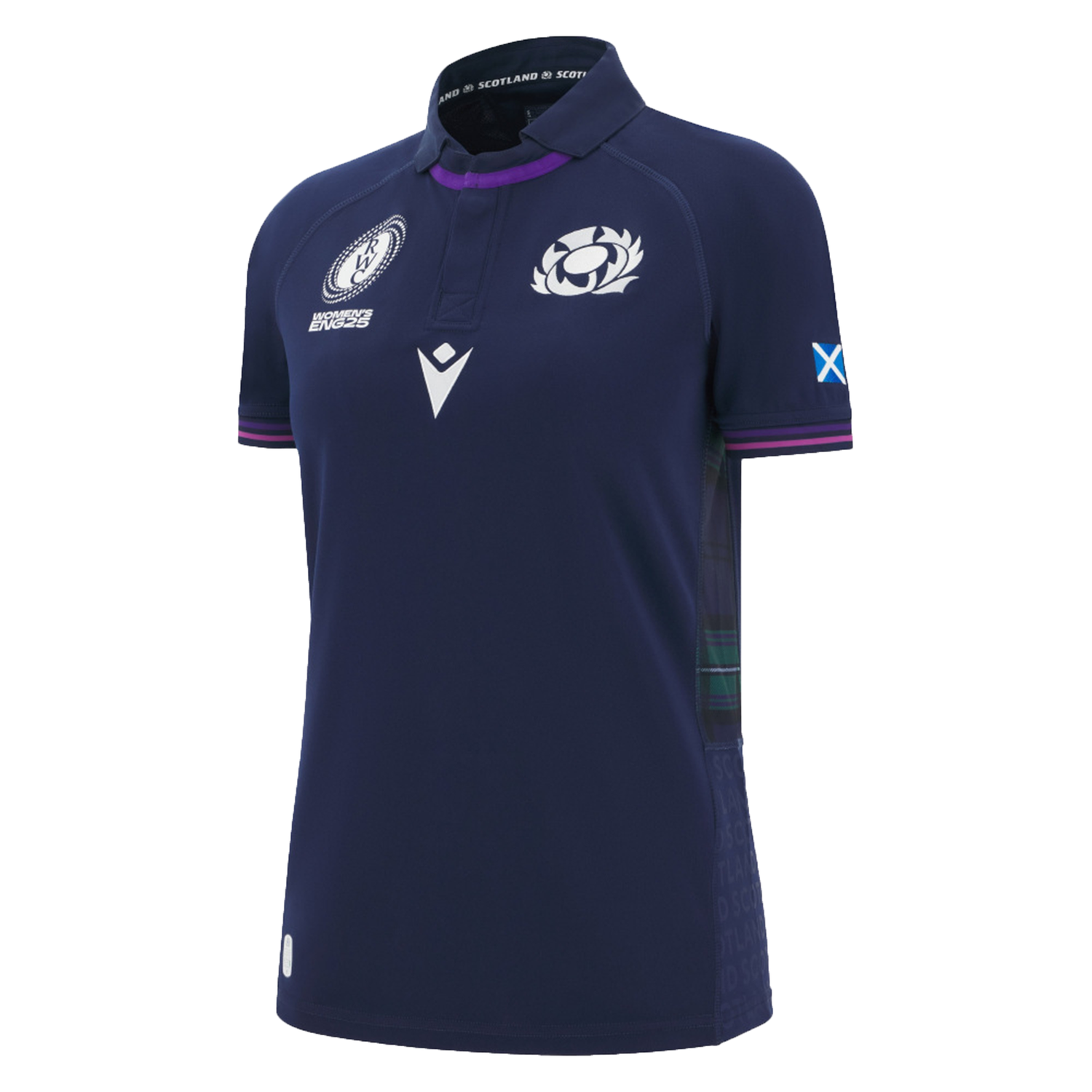 Show your support in the Women's Scotland WRWC25 Replica Home Jersey by Macron, featuring national and sponsor logos on the chest, plaid side detail, and a Scottish flag on the sleeve—perfect for cheering during the Rugby World Cup.