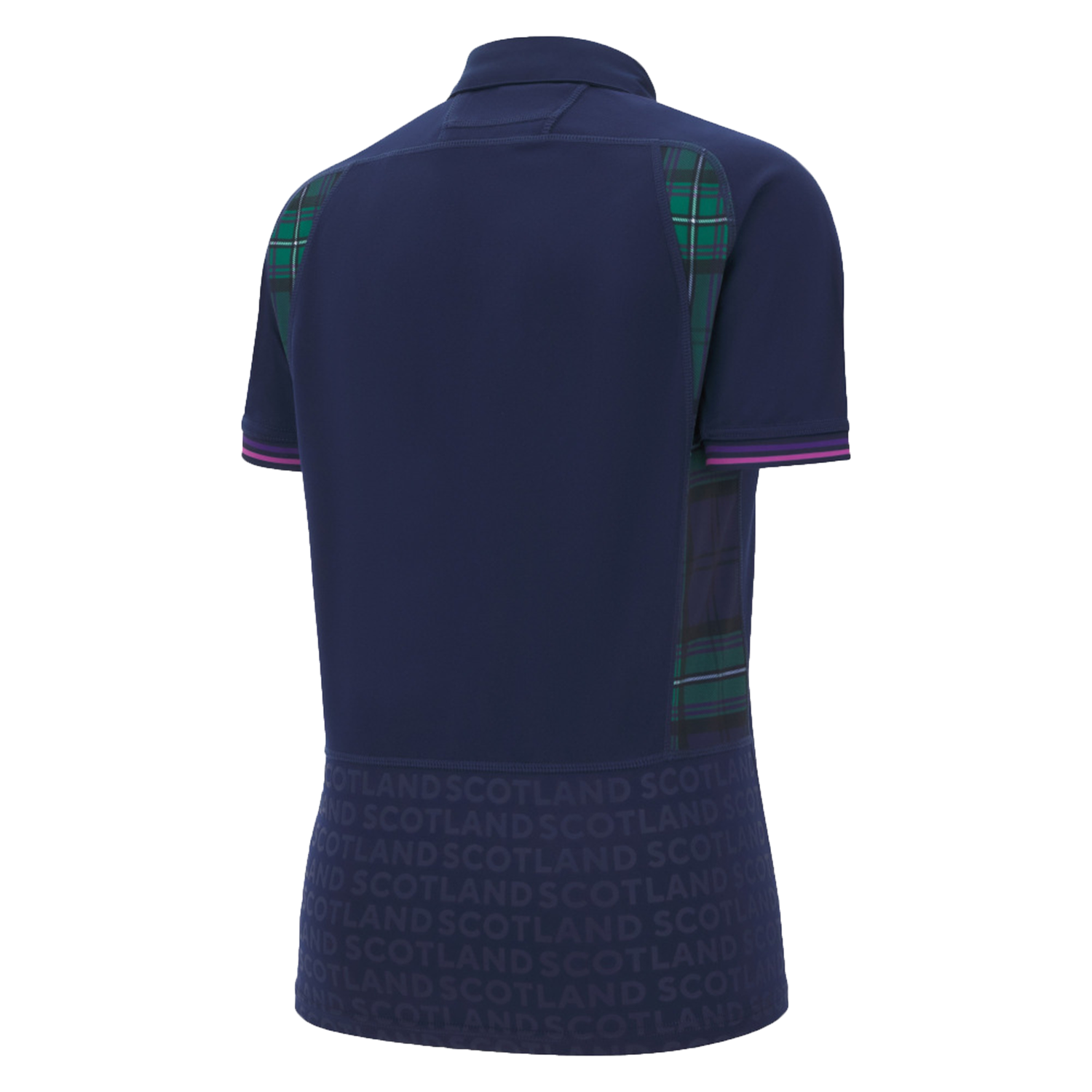 Show your support in the Women's Scotland WRWC25 Replica Home Jersey by Macron—a navy short-sleeve polo with plaid side accents and "Scotland" at the lower back, inspired by Scotland Women's Rugby World Cup style.