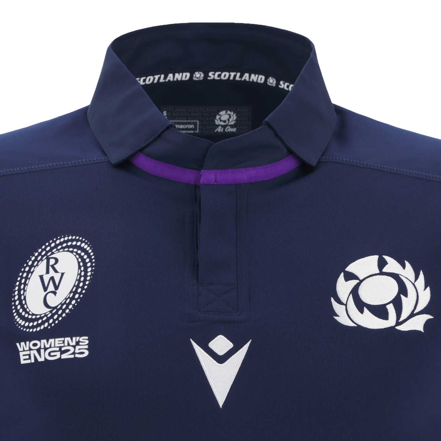 Close-up of the Women's Scotland WRWC25 Replica Home Jersey by Macron, showcasing a navy blue design with the Rugby World Cup 2025 logo and Scotland team emblem on the chest.