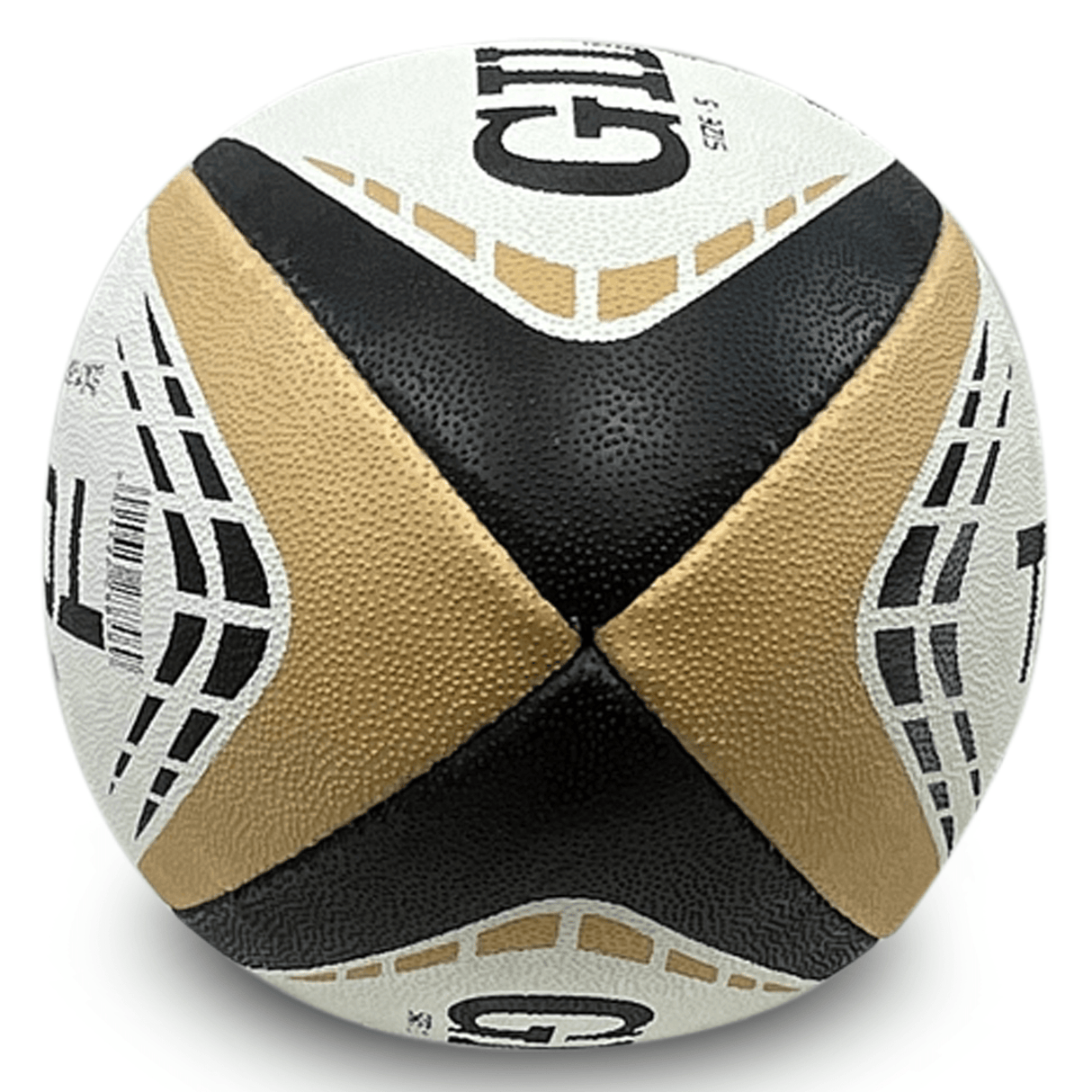 A close-up of a textured, Top 14 G-TR4000 replica ball by Gilbert in black, white, and beige.
