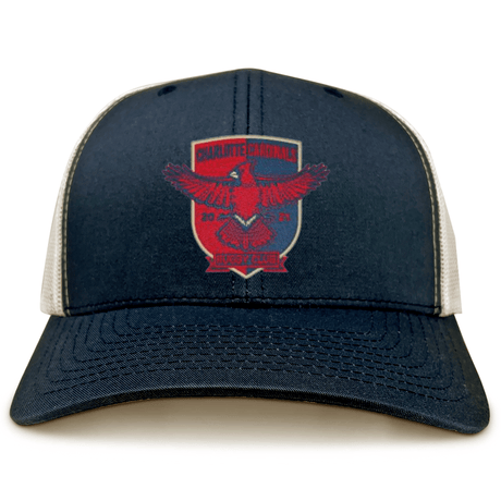 The Charlotte Cardinals Retro Trucker Cap by EMB S&S Activewear boasts a navy and white design with a red cardinal logo and “Charlotte Cardinals Hockey Club” on the front—made to order for true fans.