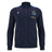 The Italy 25/26 Anthem Jacket by Macron features a navy blue zip-up design with a high collar, two side pockets, and embroidered chest logos, combining classic style and sporty elegance inspired by Italia Rugby.