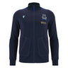 The Italy 25/26 Anthem Jacket by Macron features a navy blue zip-up design with a high collar, two side pockets, and embroidered chest logos, combining classic style and sporty elegance inspired by Italia Rugby.