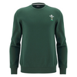 Show your support with the Wales 25/26 Country Outline Fan Sweatshirt by Macron—a green crewneck with long sleeves and a small white and green emblem on the left chest, ideal for any WRU fan.