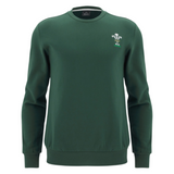 Show your support with the Wales 25/26 Country Outline Fan Sweatshirt by Macron—a green crewneck with long sleeves and a small white and green emblem on the left chest, ideal for any WRU fan.