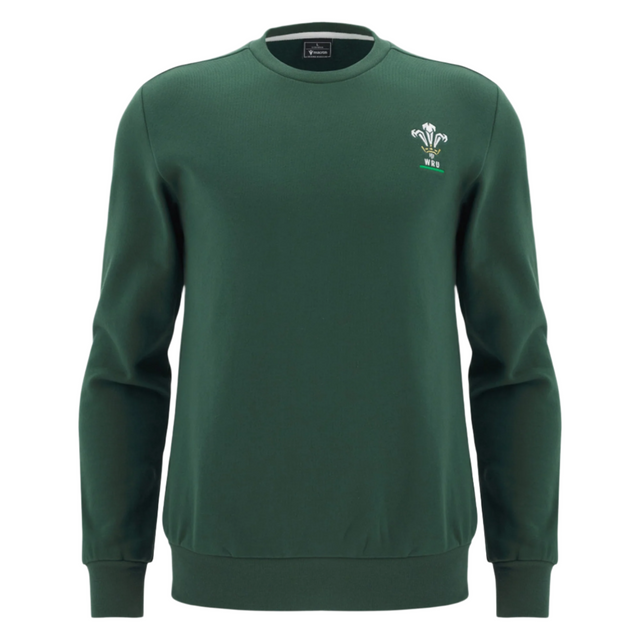 Show your support with the Wales 25/26 Country Outline Fan Sweatshirt by Macron—a green crewneck with long sleeves and a small white and green emblem on the left chest, ideal for any WRU fan.